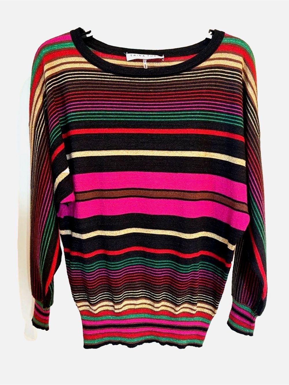 Trina Turk Wool Metallic Stripe Sweater M Multicolor Shimmer Crew Neck Holiday